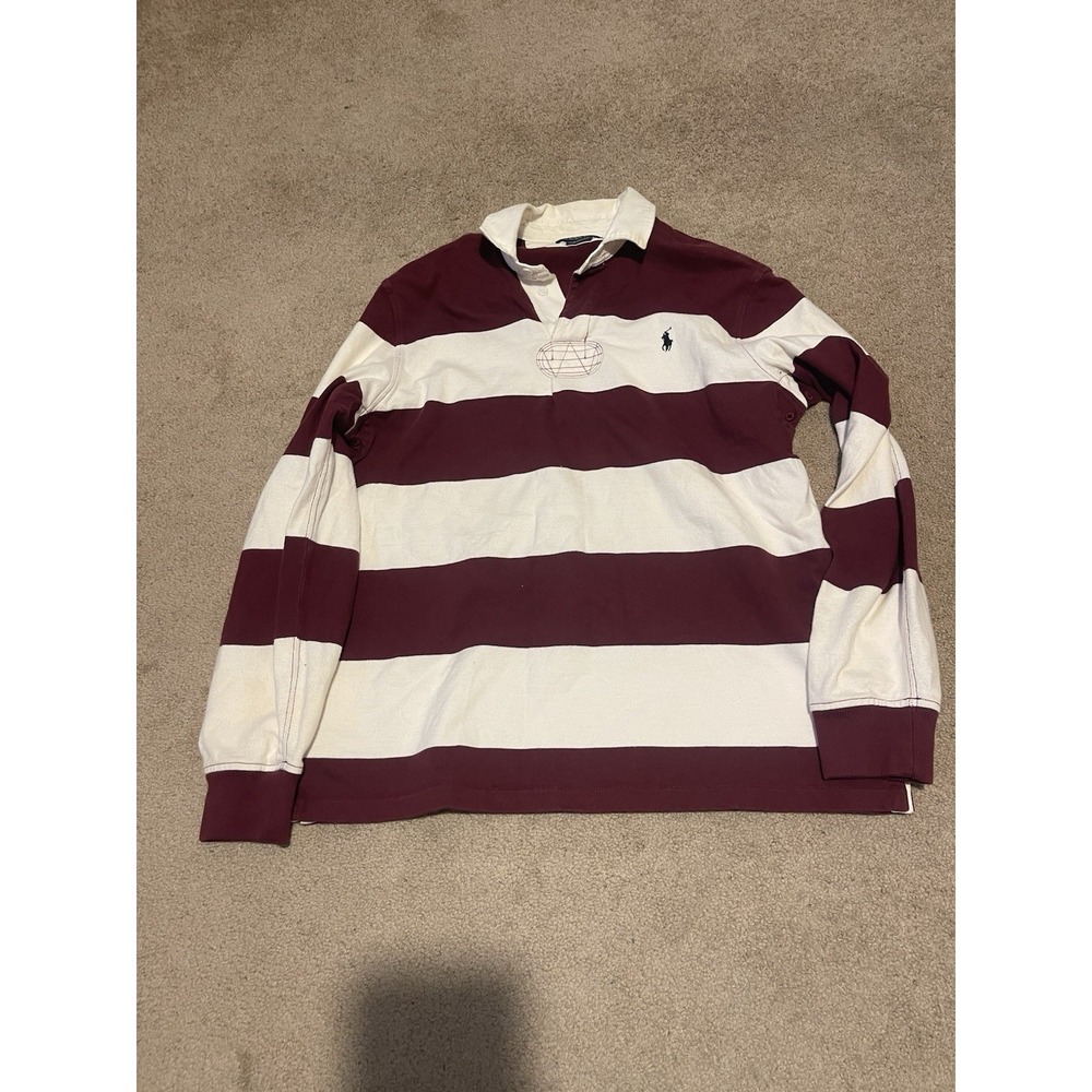 VTG Polo Striped Rugby Long Sleeve Shirt Burgundy And White Small Pony SZ Large